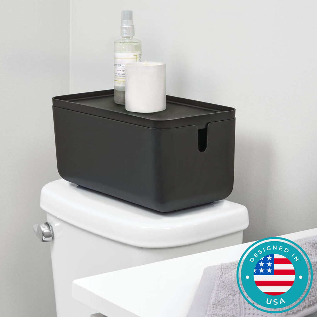 Plastic storage bin for bathroom accessories