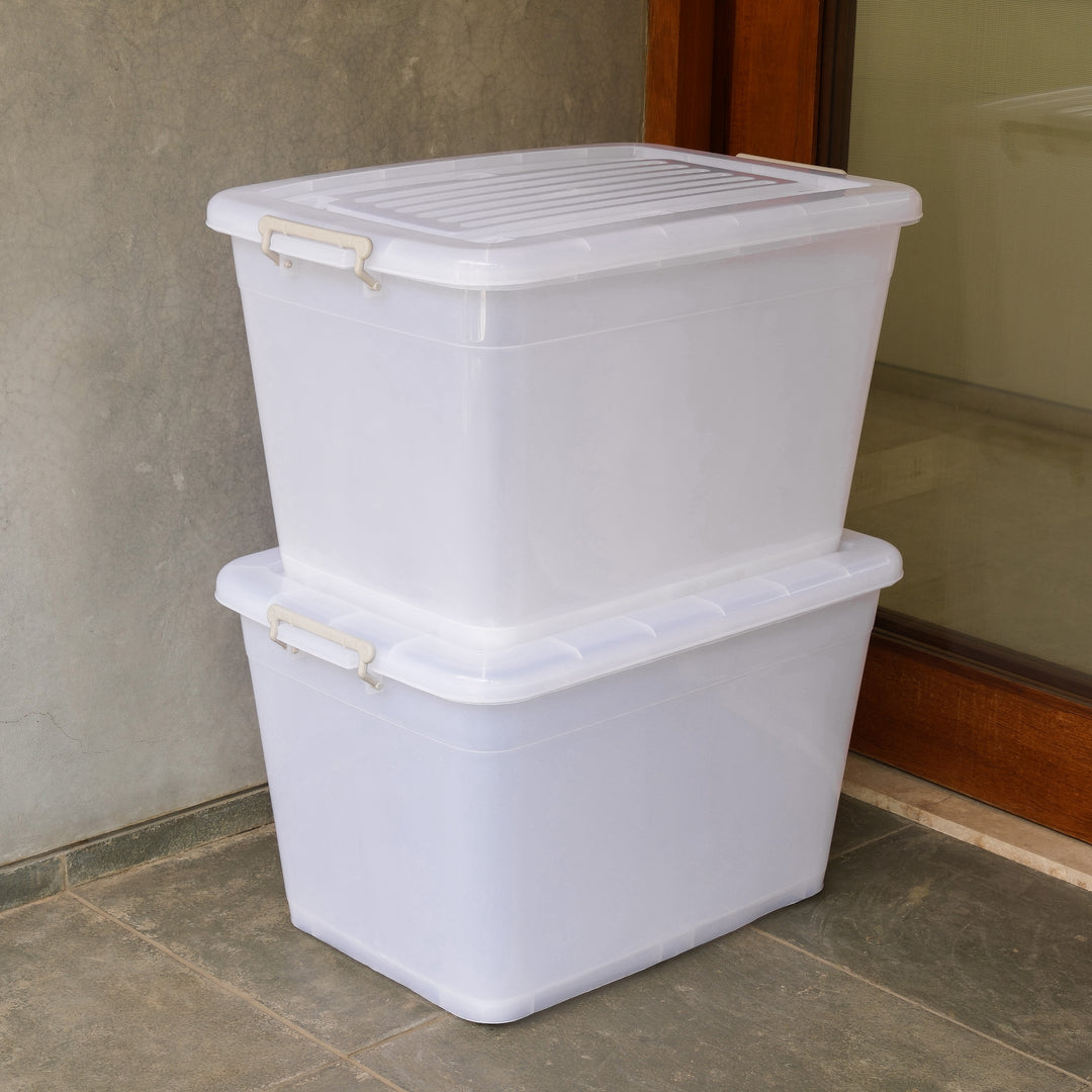 Large Plastic Storage Box (110 Litre) - with Locking Lid, Handles and Wheels | Multipurpose Stackable Container