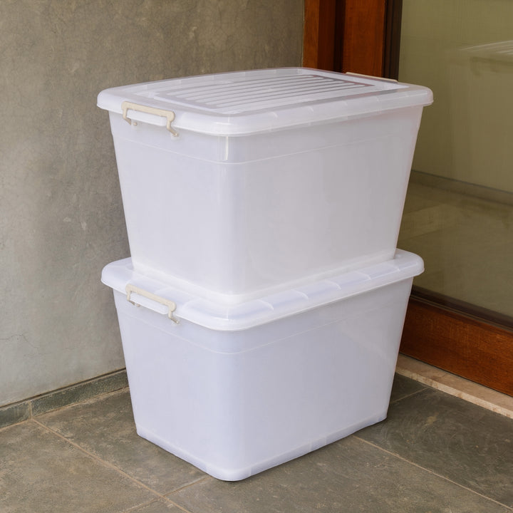 Large Plastic Storage Box (110 Litre) - with Locking Lid, Handles and Wheels | Multipurpose Stackable Container