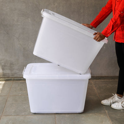 Large Plastic Storage Box (110 Litre) - with Locking Lid, Handles and Wheels | Multipurpose Stackable Container