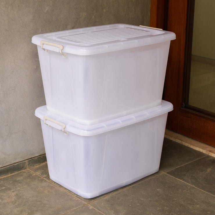 Large Plastic Storage Box (90 Litre) - with Locking Lid, Handles and Wheels | Multipurpose Stackable Container