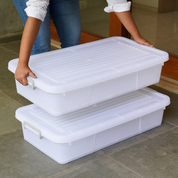 Underbed Plastic Storage Box (45 Litre) - with Locking Lid, Handles & Wheels | Multipurpose Stackable Container