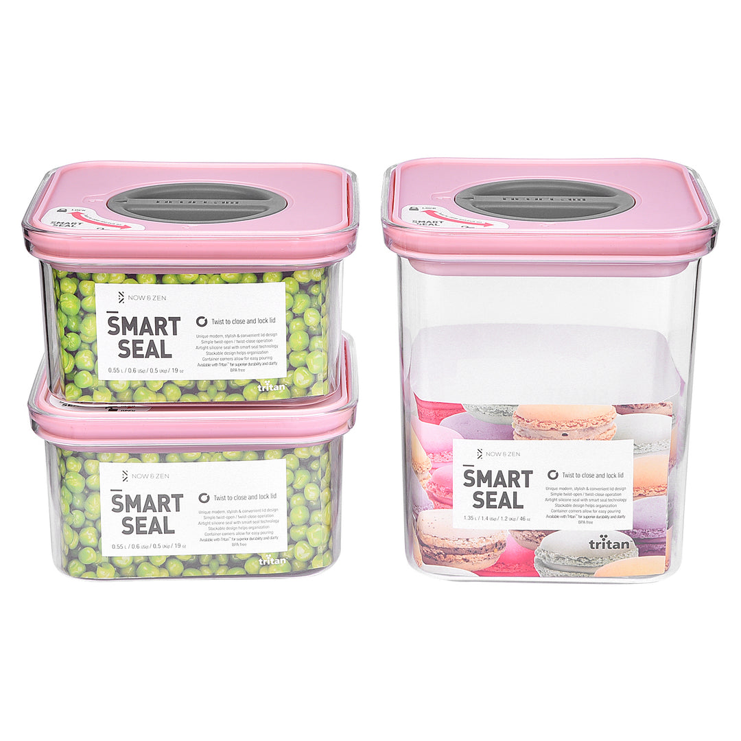 Smart Seal Stackable Kitchen Storage Container 0.5 Litre Twist Lock Pink Lid Now & Zen