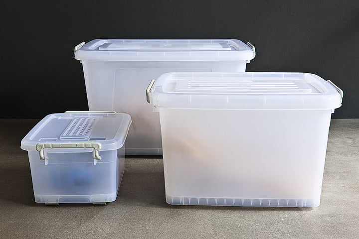 Plastic Multipurpose Stackable Storage Box Container with Lid Handles and Wheels 110 Litre Now and Zen