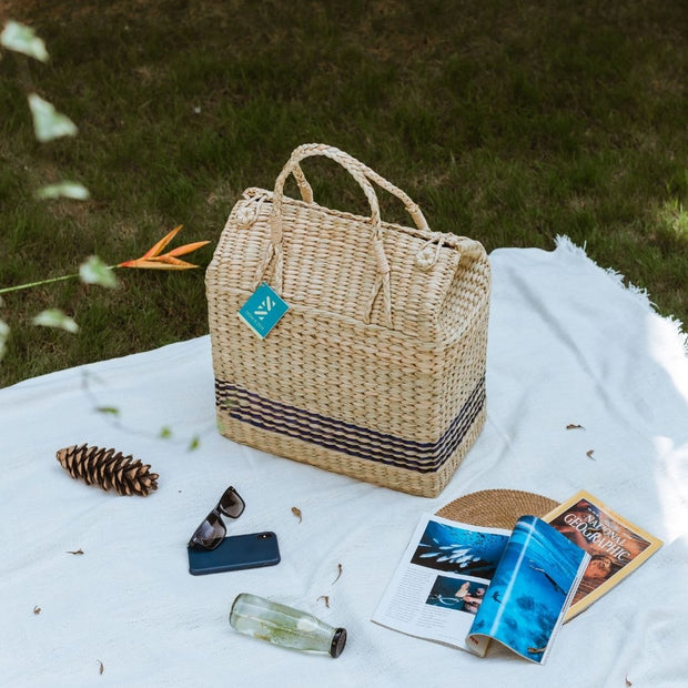 Kauna Seagrass Striped Picnic Basket - Large (42 x 24 x 30 cm)
