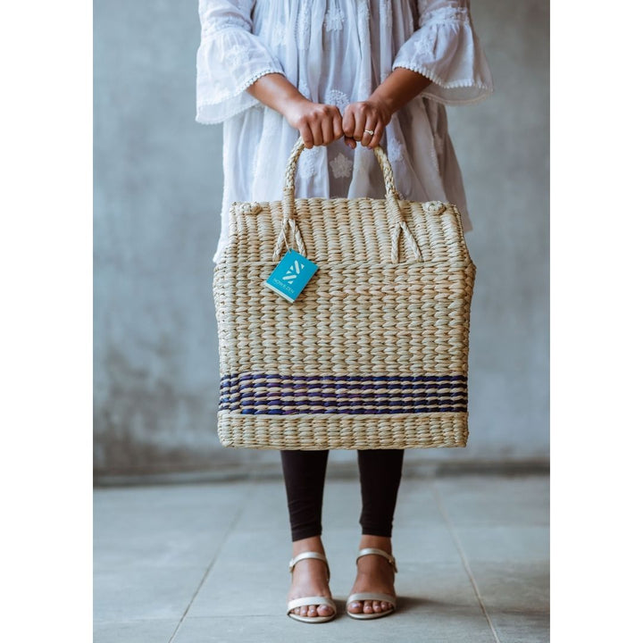 Kauna Seagrass Striped Picnic Basket - Large (42 x 24 x 30 cm)