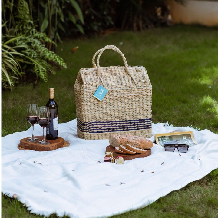 Kauna Seagrass Striped Picnic Basket - Large (42 x 24 x 30 cm)