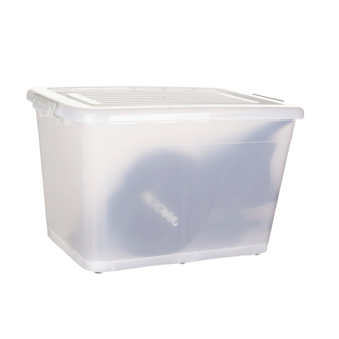 Plastic Multipurpose Stackable Storage Box Container with Lid Handles and Wheels 110 Litre Now and Zen
