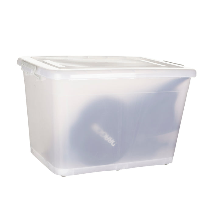 Plastic Multipurpose Stackable Storage Box Container with Lid Handles and Wheels 110 Litre Now and Zen