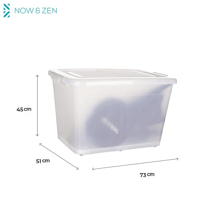 Plastic Multipurpose Stackable Storage Box Container with Lid Handles and Wheels 110 Litre Now and Zen